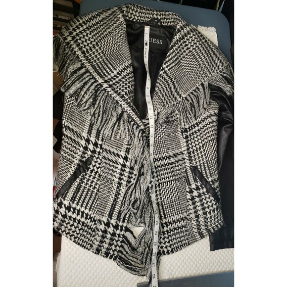 Guess Women's Wool Blend Faux Leather Arms Fringe Trim Plaid MOTO Jacket Sz M - Picture 6 of 10
